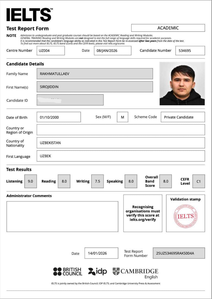 Official IELTS 8.0 Test Report Form